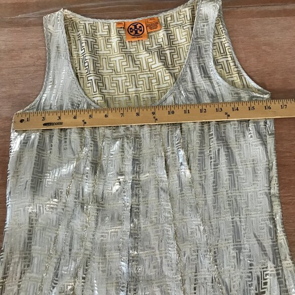 Tory Burch Blouse Women 4 Gold Silver Geometric Sleeveless Silk Polyester Preppy - Picture 7 of 11